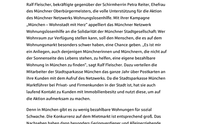 Stadtsparkasse München unterstützt die Kampagne „München: Wohnstadt mit Herz“ des Münchner Netzwerks Wohnungslosenhilfe