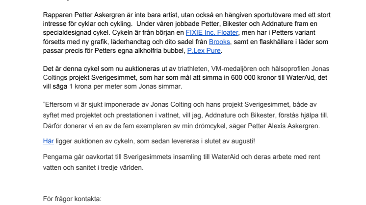 Petters specialdesignade cykel auktioneras för Sverigesimmet
