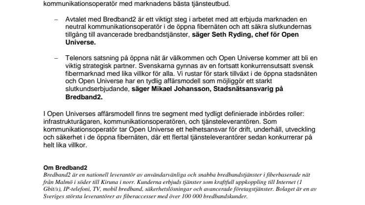 Open Universe tecknar avtal med Bredband2