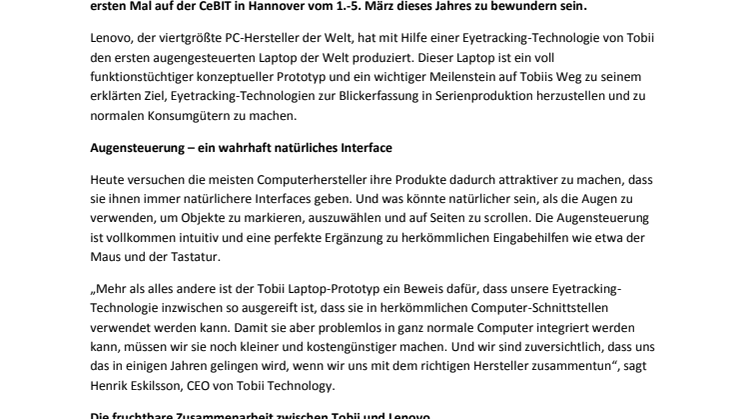 Tobii präsentiert den weltweit ersten augengesteuerten Laptop