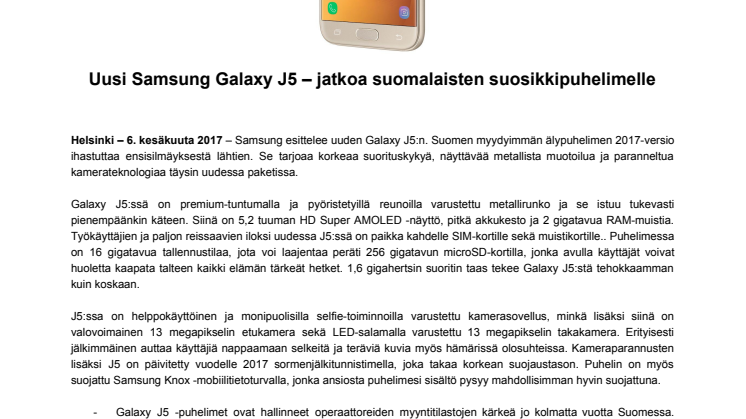 Uusi Samsung Galaxy J5 – jatkoa suomalaisten suosikkipuhelimelle
