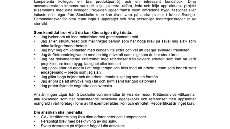 Rekrytering projektledare, ansökan tom 2015 01 19