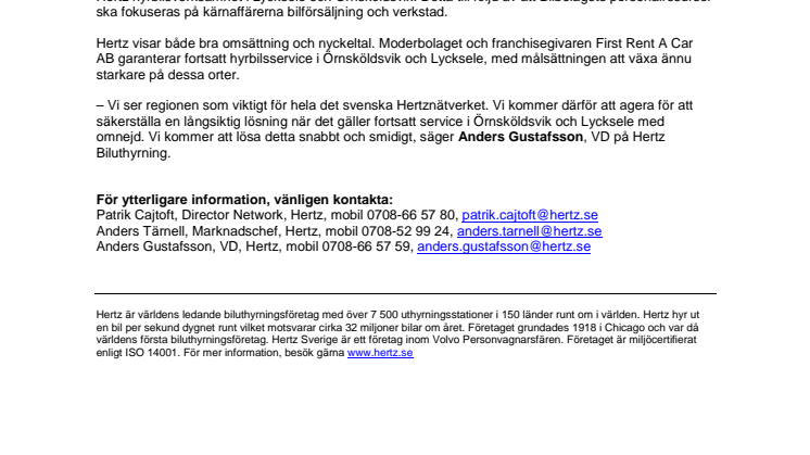 Hertz garanterar fortsatt hyrbilsservice i Örnsköldsvik och Lycksele