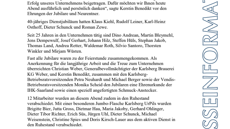 Jubilarfeier bei Karlsberg und Vendis