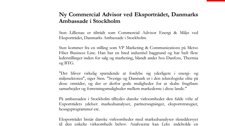 Ny Commercial Advisor ved Eksportrådet, Danmarks Ambassade i Stockholm