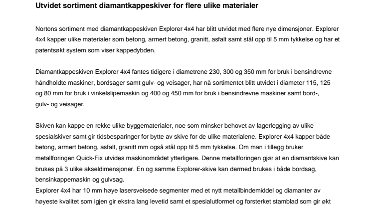 Utvidet sortiment diamantkappeskiver for en rekke ulike materialer