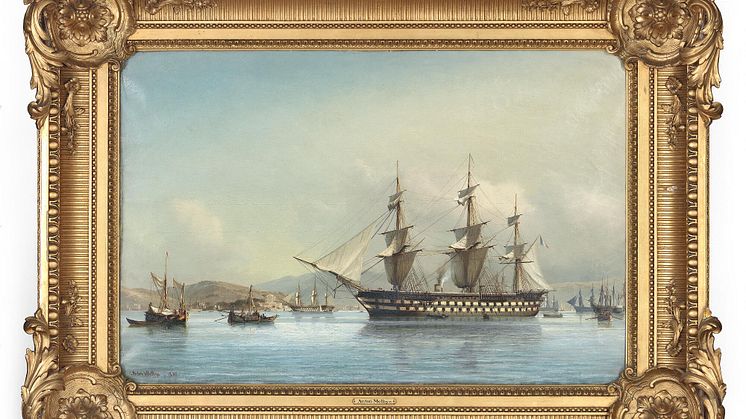 Anton Melbye- "Det franske Skruelinieskib Napoleon paa Rheden af Beikos i Bosperus". Sign. Anton Melbye 1856. Olie på lærred. 72 x 108