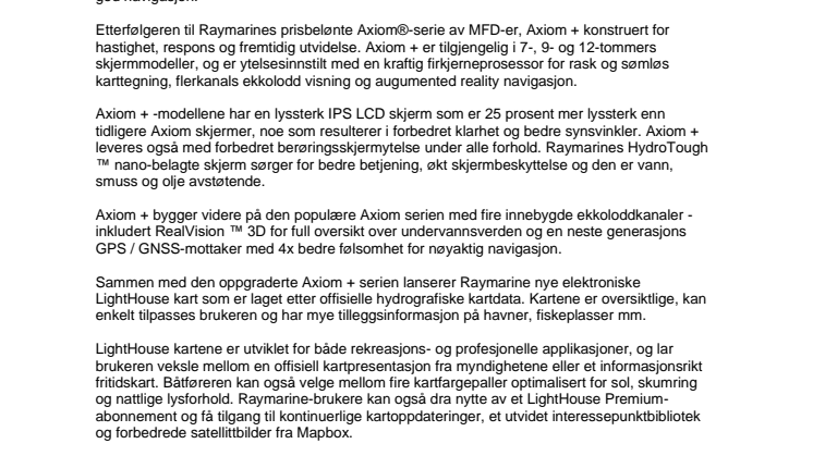 FLIR Introduserer Raymarine Axiom+ Multifunksjon Navigasjon Displayer og nye elektroniske kart