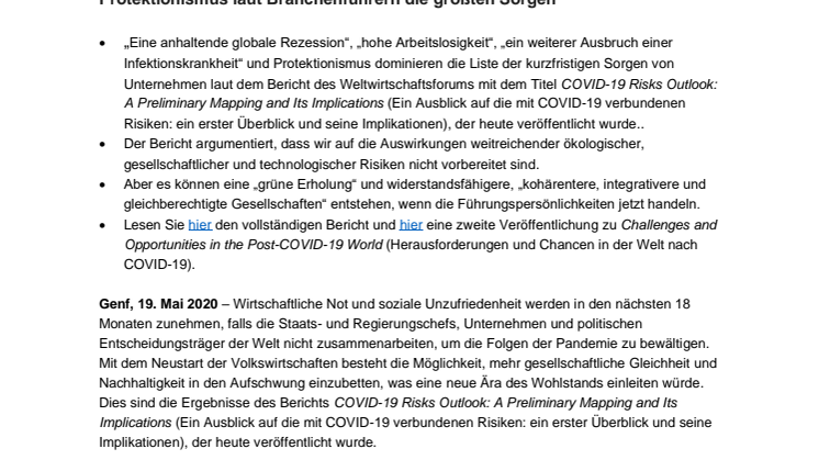 Rezession, Verlust von Arbeitsplätzen, eine weitere Pandemie und Protektionismus laut Branchenführern die größten Sorgen