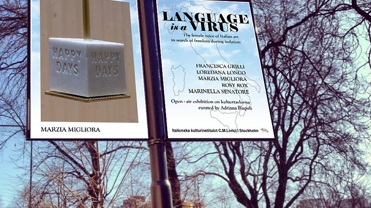 Kulturtavlor art exhibition, Language is a virus. In this image, Marzia Migliora, The Spectre of Malthus, the cage 2019 horse salt licking block, engraving, brass support, 15 x 15 x 15 cm