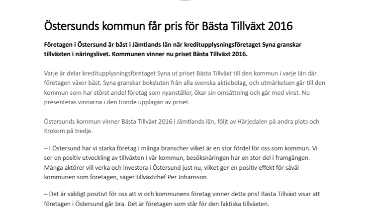 Östersunds kommun får pris för Bästa Tillväxt 2016