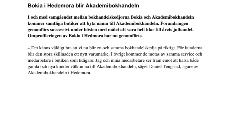 Bokia i Hedemora blir Akademibokhandeln 