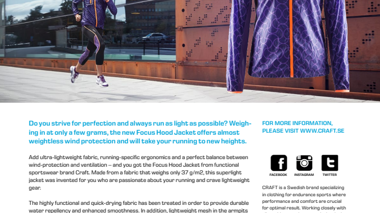Weightless jacket for athletes who aim to run like the wind – Craft Focus Hood Jacket