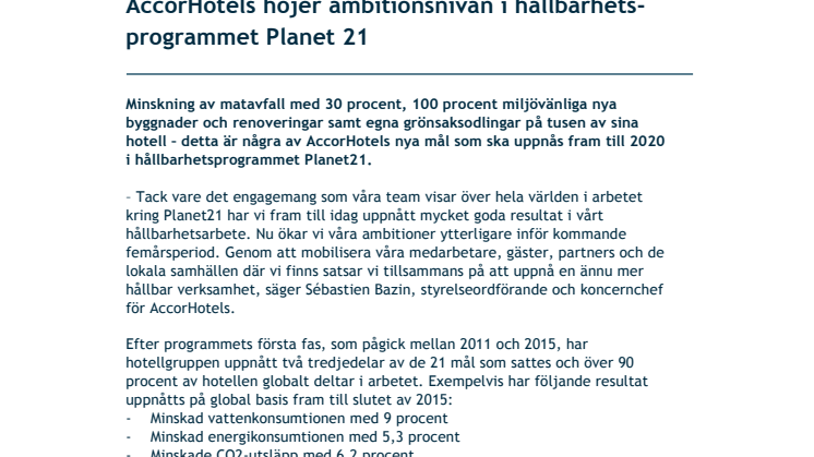 AccorHotels höjer ambitionsnivån i hållbarhetsprogrammet Planet 21
