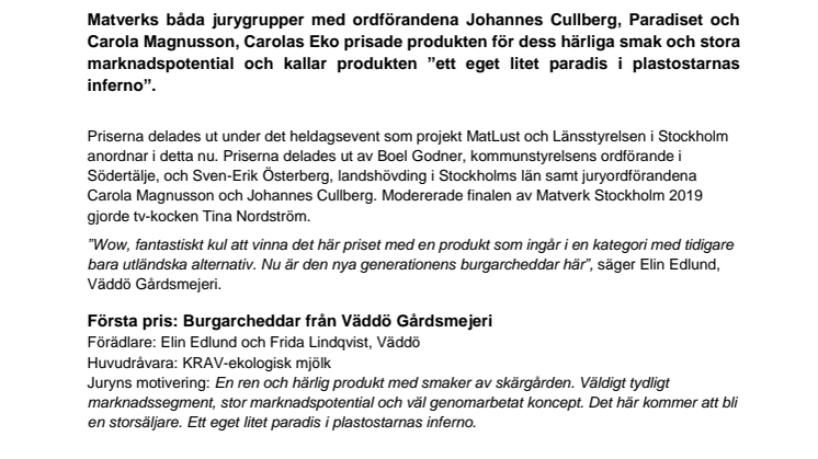 Burgarcheddar från Väddö Gårdsmejeri vinnare av Matverk Stockholm 2019