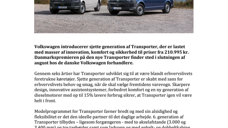Danmarkspremiere:  Ny Transporter T6 til priser fra 210.995 kr.