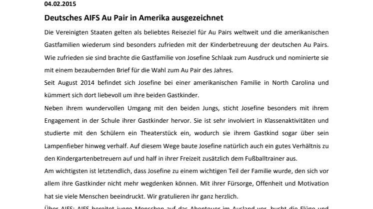 AIFS Pressemitteilung Au Pair of the Year