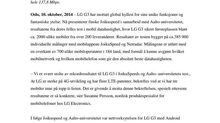 LG G3 RASKEST I GLOBAL TEST AV NETTVERKSHASTIGHET PÅ MOBIL