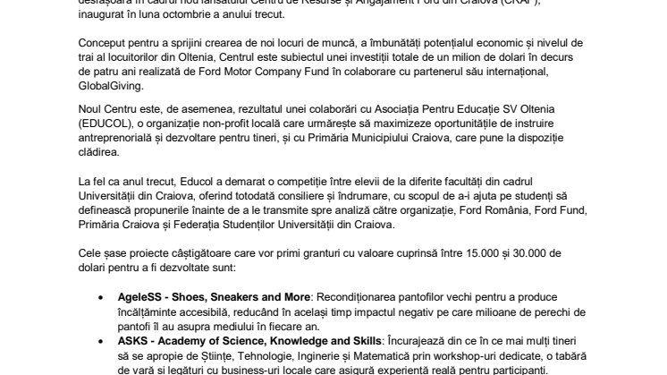 Șase noi programe de antreprenoriat social pentru comunitatea din Craiova vor fi susținute de Ford Motor Company Fund în parteneriat cu Educol