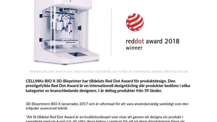 CELLINK vinner prestigefyllda "Red Dot Award" för sin 3D-bioprinter BIO X