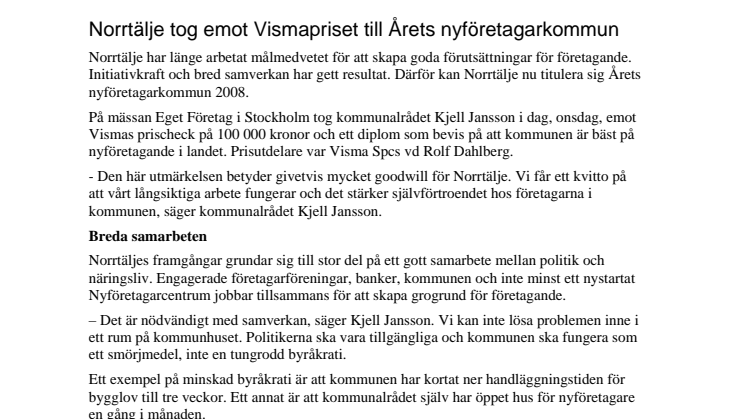 Norrtälje tog emot Vismapriset till Årets nyföretagarkommun