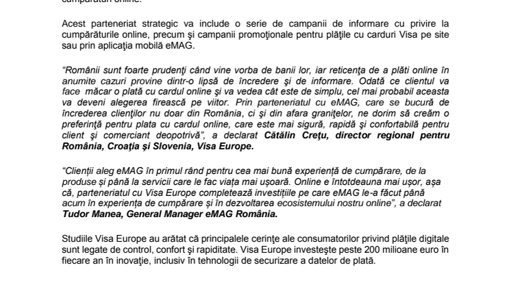Visa Europe şi eMAG lansează un parteneriat strategic pentru a încuraja plăţile online în România