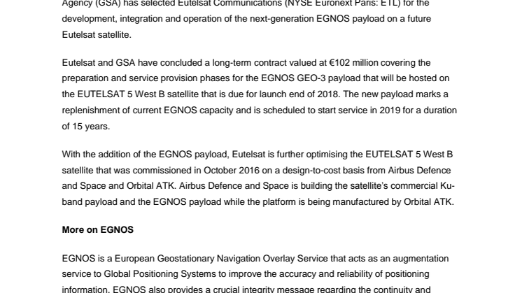 Eutelsat engaged by European Global Navigation Satellite Systems Agency (GSA) to provide payload and services for next-generation EGNOS