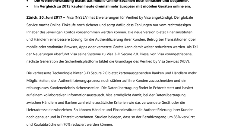 Visa erweitert Verified by Visa Technologie  für sicheres und einfaches Bezahlen im Internet