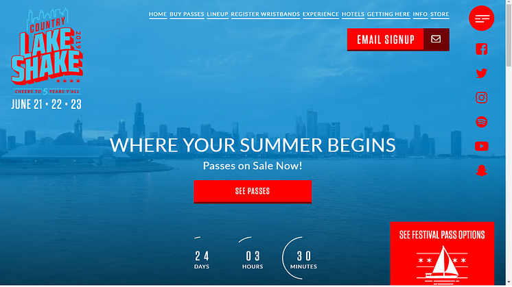 A screenshot of the website for the Country Lake Shake Festival