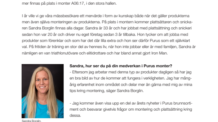 Plattsättare på plats i Purus monter alla dagar på Nordbygg