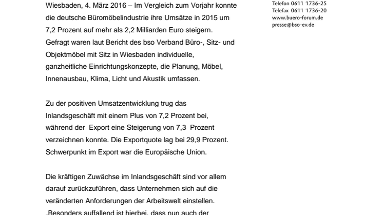 Büromöbelbranche entwickelt sich positiv – Die Büromöbelindustrie verzeichnet 2015 ein Umsatzwachstum von mehr als 7 Prozent