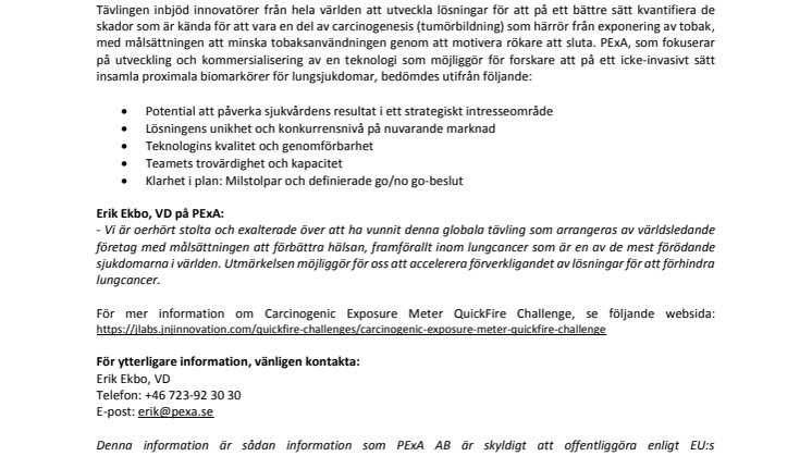PExA vinnare i ”Carcinogenic Exposure Meter QuickFire Challenge” 