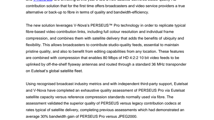 Eutelsat and V-Nova partner on unique HD studio-quality video contribution solution
