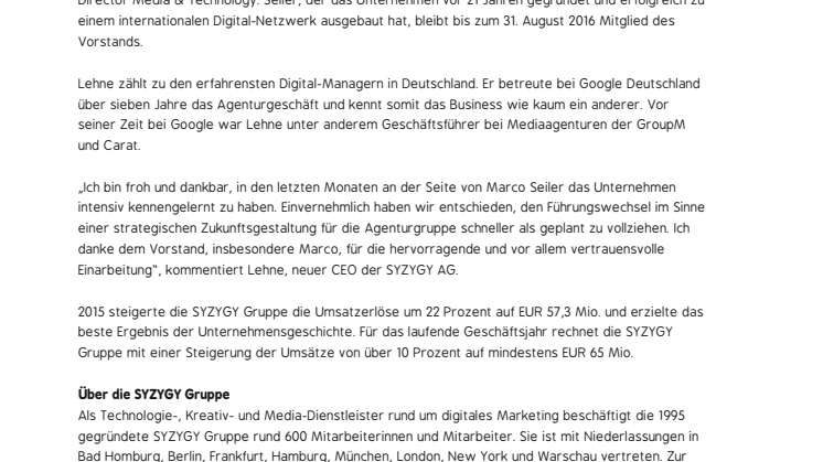 Lars Lehne löst Marco Seiler mit sofortiger Wirkung als CEO der SYZYGY Gruppe ab