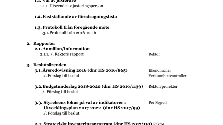 Föredragningslista, styrelsemöte 170210