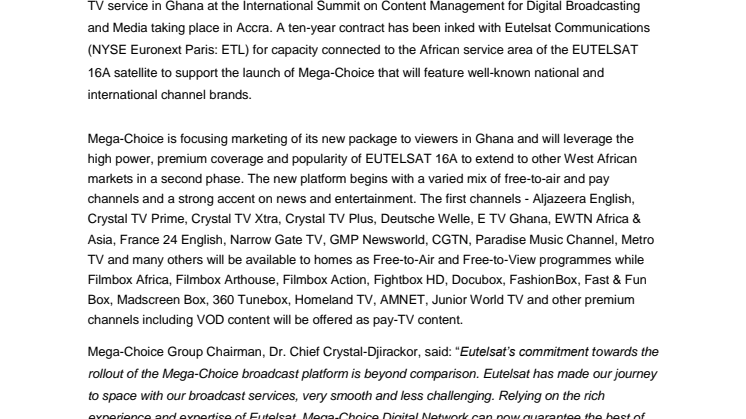 ​​Mega-Choice launches news and entertainment focused TV platform in Ghana with Eutelsat