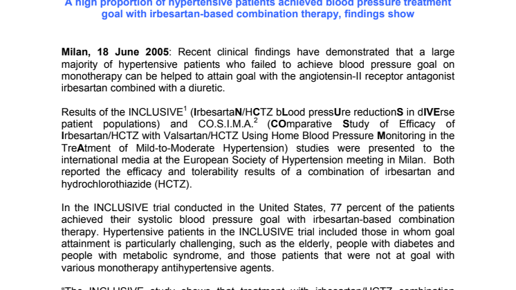 A high proportion of hypertensive patients achieved blood pressure treatment goal with irbesartan-based combination therapy, findings show