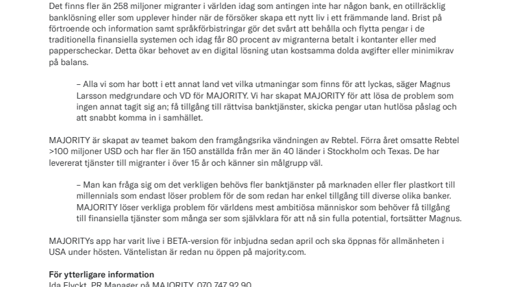 Rebtel lanserar MAJORITY – utmanar traditionella banker i en målgrupp alla glömt bort