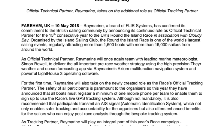 Raymarine: Raymarine to play a bigger role in the 2018 Round the Island Race in association with Cloudy Bay