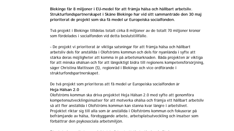 Blekinge får 8 miljoner i EU-medel för att främja hälsa och hållbart arbetsliv