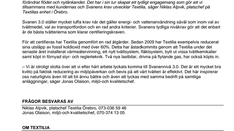 Med Svanen 3.0 bidrar Textilia till en hållbar framtid redan idag