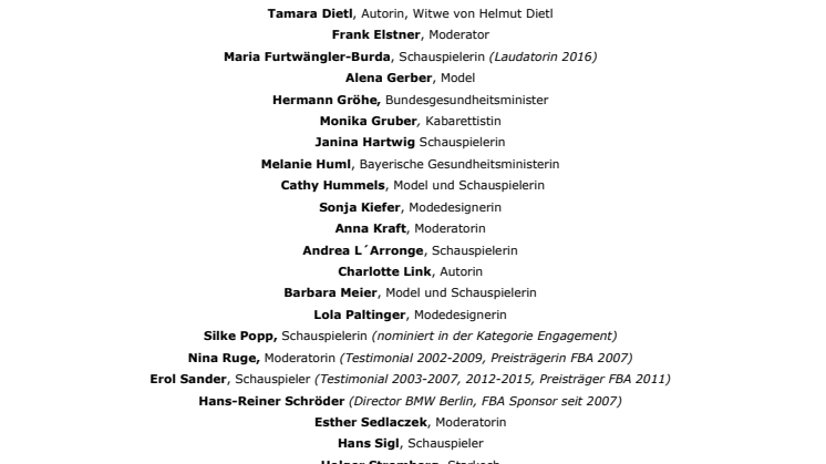 Auszug aus der Gästeliste beim Felix Burda Award 2016 am 17.4. in der BMW WELT in München