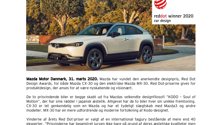 Red Dot designpriser til Mazda CX-30 og MX-30