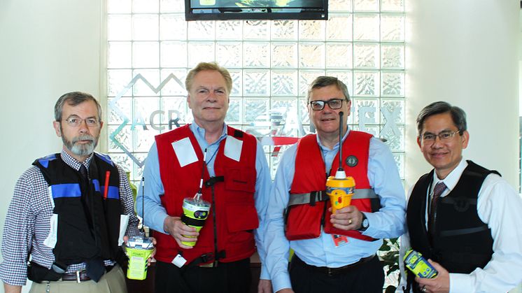 Pictured from left to right: Gerry Angeli, President and General Manager of ACR Electronics, Len Gelosa, President and CEO of Drew Marine, Alan Wrigley, Managing Director Ocean Signal and Ngoc Hoang, President NAL Research