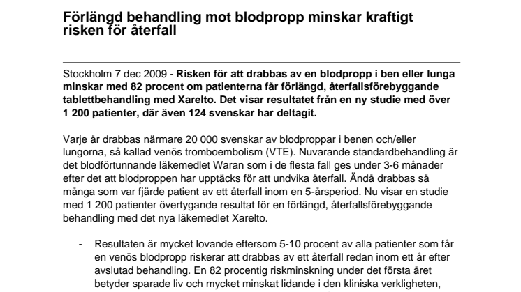Förlängd behandling mot blodpropp minskar kraftigt risken för återfall