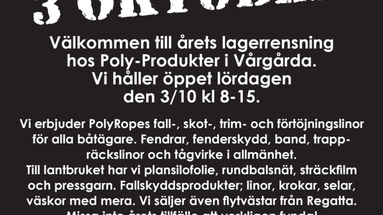 Annons: Lagerrensning hos Poly-Produkter / PolyRopes 3 oktober 2015