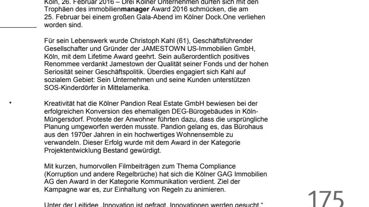 immobilienmanager Award 2016: Drei Kölner Unternehmen ausgezeichnet