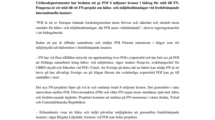 FOI får fyra miljoner 2008 för stöd till FN