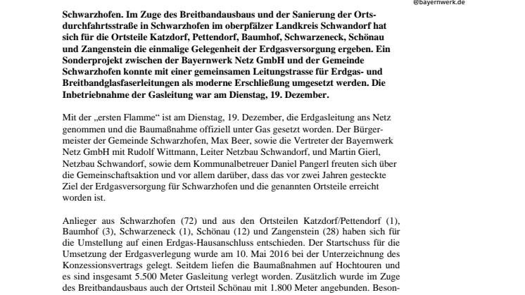Erste Flamme: Bayernwerk nimmt neue Erdgasleitung in Schwarzhofen in Betrieb