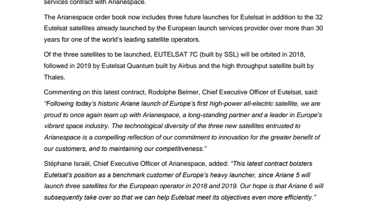 Eutelsat signs new launch contract with Arianespace